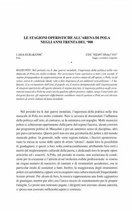 Le Stagioni Operistiche All'arena Di Pola Negli Anni Trenta Del '900