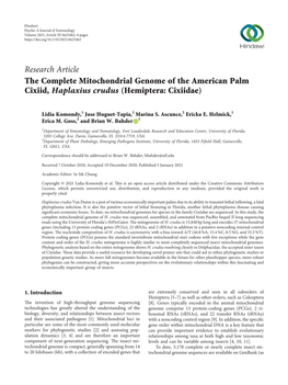 The Complete Mitochondrial Genome of the American Palm Cixiid, Haplaxius Crudus (Hemiptera: Cixiidae)