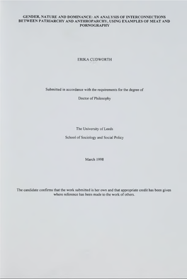 Gender, Nature and Dominance: an Analysis of Interconnections Between Patriarchy and Anthroparchy, Using Examples of Meat and Pornography