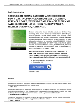 Articles on Roman Catholic Archdiocese of New York, Including: John Joseph O'connor