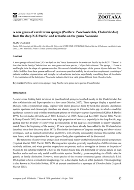 Porifera: Poecilosclerida, Cladorhizidae) from the Deep N-E Pacific, and Remarks on the Genus Neocladia