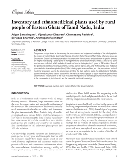 Inventory and Ethnomedicinal Plants Used by Rural People of Eastern Ghats of Tamil Nadu, India