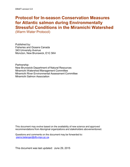 Protocol for In-Season Conservation Measures for Atlantic Salmon During Environmentally Stressful Conditions in the Miramichi Watershed (Warm Water Protocol)