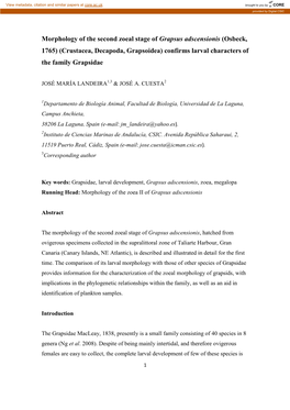 Morphology of the Second Zoeal Stage of Grapsus Adscensionis (Osbeck, 1765) (Crustacea, Decapoda, Grapsoidea) Confirms Larval Characters of the Family Grapsidae