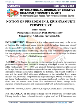 NOTION of FREEDOM in J. KRISHNAMURTI PERSPECTIVE Babbi Mishra Post Graduated Scholar, Dept