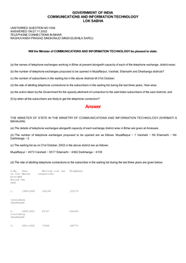 Answered On:27.11.2002 Telephone Connections in Bihar Raghuvansh Prasad Singh;Rajo Singh;Sushila Saroj