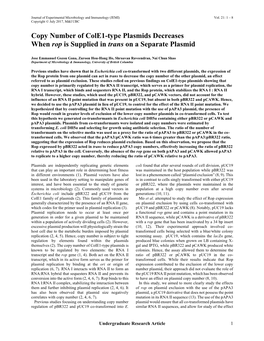 Copy Number of Cole1-Type Plasmids Decreases When Rop Is Supplied in Trans on a Separate Plasmid