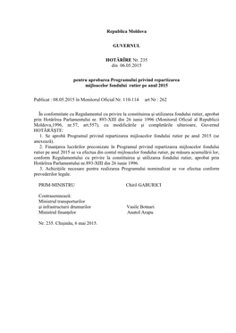 Republica Moldova GUVERNUL HOTĂRÎRE Nr. 235 Din 06.05.2015