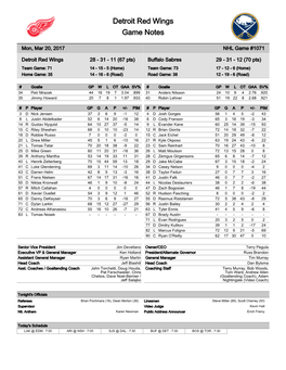 Detroit Red Wings Game Notes