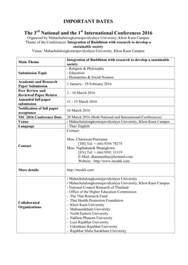 IMPORTANT DATES the 3 National and the 1 International Conferences