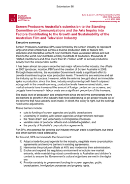 Screen Producers Australia's Submission to the Standing Committee on Communications and the Arts Inquiry Into Factors Contribu