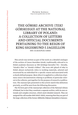 (Teki Górskiego) at the National Library of Poland: a Collection of Letters and Official Documents Pertaining to the Reign of King Sigismund I Jagiellon