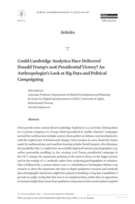Articles Could Cambridge Analytica Have Delivered Donald Trump's 2016 Presidential Victory? an Anthropologist's Look At