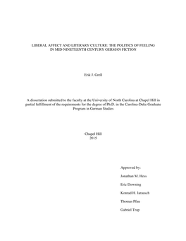 Liberal Affect and Literary Culture: the Politics of Feeling in Mid-Nineteenth Century German Fiction