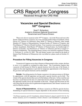 Vacancies and Special Elections: 107Th Congress