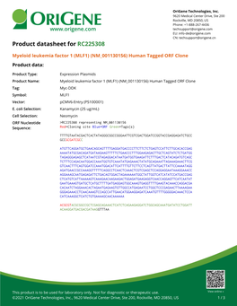 (MLF1) (NM 001130156) Human Tagged ORF Clone Product Data