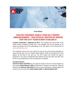 Swatch Freeride World Tour 2017 Riders' Announcement