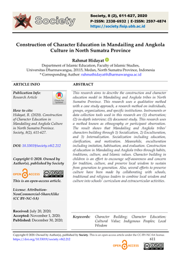 Construction of Character Education in Mandailing and Angkola Culture in North Sumatra Province