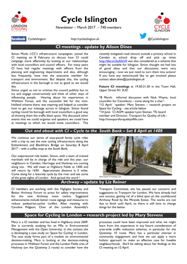 Cycle Islington Newsletter – March 2017 – 740 Members