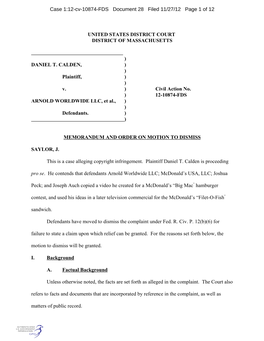 UNITED STATES DISTRICT COURT DISTRICT of MASSACHUSETTS ) DANIEL T. CALDEN, ) ) Plaintiff, ) ) V. ) Civil Action No. ) 12-108