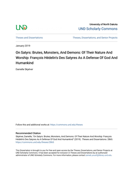 On Satyrs: Brutes, Monsters, and Demons: of Their Nature and Worship: François Hédelin's Des Satyres As a Defense of God and Humankind