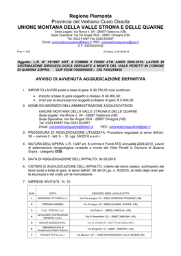 Avviso Avvenuta Aggiudicazione Versante Viale Peretti in Comune Di