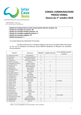 CONSEIL COMMUNAUTAIRE PROCES VERBAL Séance Du 1Er Octobre 2018