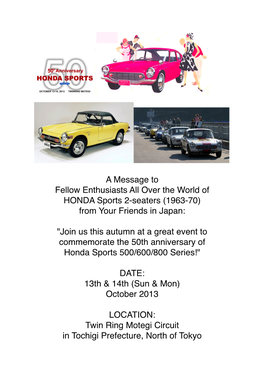 A Message to Fellow Enthusiasts All Over the World of HONDA Sports 2-Seaters (1963-70) from Your Friends in Japan