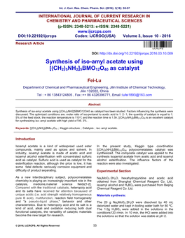 Synthesis of Iso-Amyl Acetate Using [(CH2)5NH2]5BMO12O40 As Catalyst