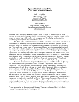 Speakership Elections Since 1860: the Rise of the Organizational Caucus*