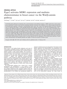 Pygo2 Activates MDR1 Expression and Mediates Chemoresistance in Breast Cancer Via the Wnt/Β-Catenin Pathway