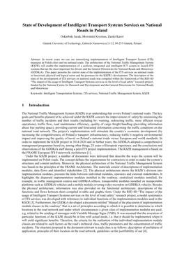 State of Development of Intelligent Transport Systems Services on National Roads in Poland Oskarbski Jacek, Mowiński Krystian, Żarski Karol