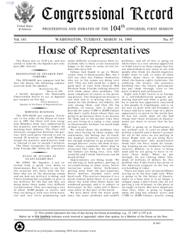 Congressional Record United States Th of America PROCEEDINGS and DEBATES of the 104 CONGRESS, FIRST SESSION