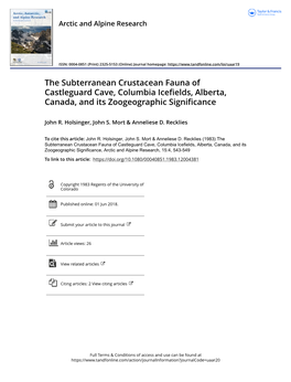 The Subterranean Crustacean Fauna of Castleguard Cave, Columbia Icefields, Alberta, Canada, and Its Zoogeographic Significance