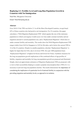 Fertility Level and Long Run Population Growth in Countries with Net Immigration Nick Parr, Macquarie University Email: Nick.Parr@Mq.Edu.Au