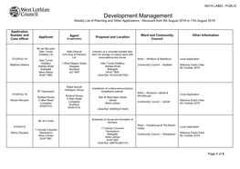 Development Management Weekly List of Planning and Other Applications - Received from 5Th August 2019 to 11Th August 2019