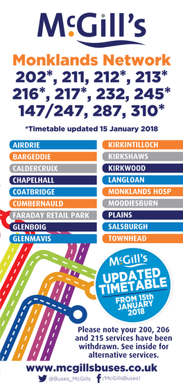 Monklands Network 202*, 211, 212*, 213* 216*, 217*, 232, 245* 147/247, 287, 310* *Timetable Updated 15 January 2018