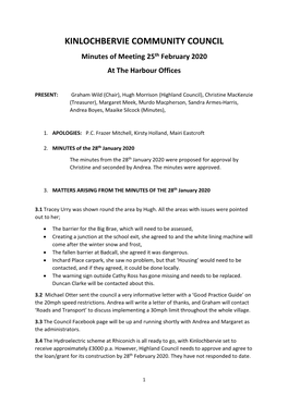 KINLOCHBERVIE COMMUNITY COUNCIL Minutes of Meeting 25Th February 2020 at the Harbour Offices