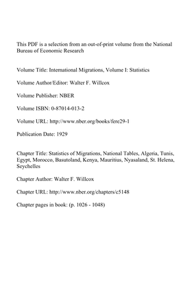 Statistics of Migrations, National Tables, Algeria, Tunis, Egypt, Morocco, Basutoland, Kenya, Mauritius, Nyasaland, St