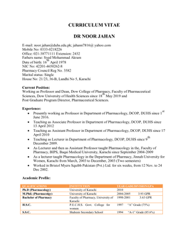 Curriculum Vitae Dr Noor Jahan