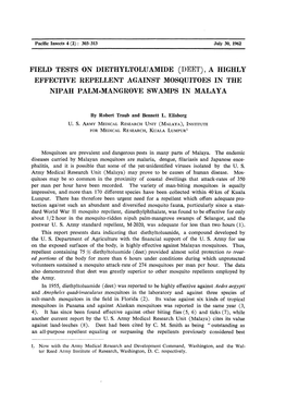 Deet), a Highly Effective Repellent Against Mosquitoes in the Nip Ah Palm-Mangrove Swamps in Malaya