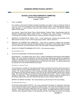 EXHIBIT a BURBANK UNIFIED SCHOOL DISTRICT SCHOOL FACILITIES OVERSIGHT COMMITTEE Minutes of the Meeting Held on August 7, 2019