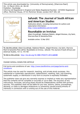 Roundtable on Invictus Albert Grundlingh, Stéphane Robolin, Abigail Hinsman, Lily Saint, Sharrona Pearl & Samantha Pinto Available Online: 12 Mar 2012