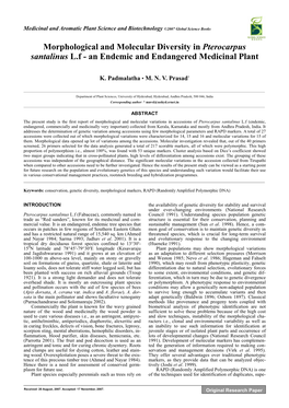 Morphological and Molecular Diversity in Pterocarpus Santalinus L.F - an Endemic and Endangered Medicinal Plant