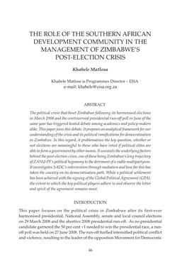 THE ROLE of the SOUTHERN AFRICAN Development COMMUNITY in the MANAGEMENT of ZIMBABWE's POST-ELECTION CRISIS