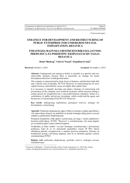 Strategy for Development and Restructuring of Public Enterprise for Underground Coal Exploitation, Resavica
