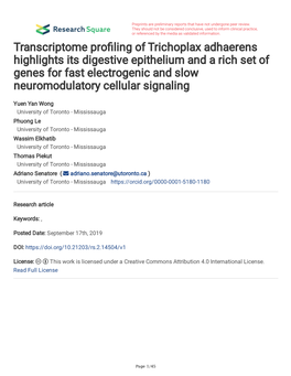 Transcriptome Profiling of Trichoplax Adhaerens Highlights Its Digestive