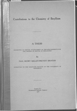 Contributions to the Chemistry of Beryllium