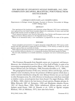 NEW RECORD of LIOCARCINUS MCLEAYI (BARNARD, 1947), NEW COMBINATION (DEC APOD A, BRACHYURA, PORTUNIDAE) from SOUTH EUROPE The