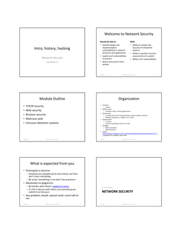 Intro, History, Hacking Welcome to Network Security Module Outline